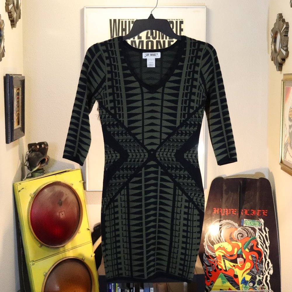 Form Fitting Green & Black Sweater Dress